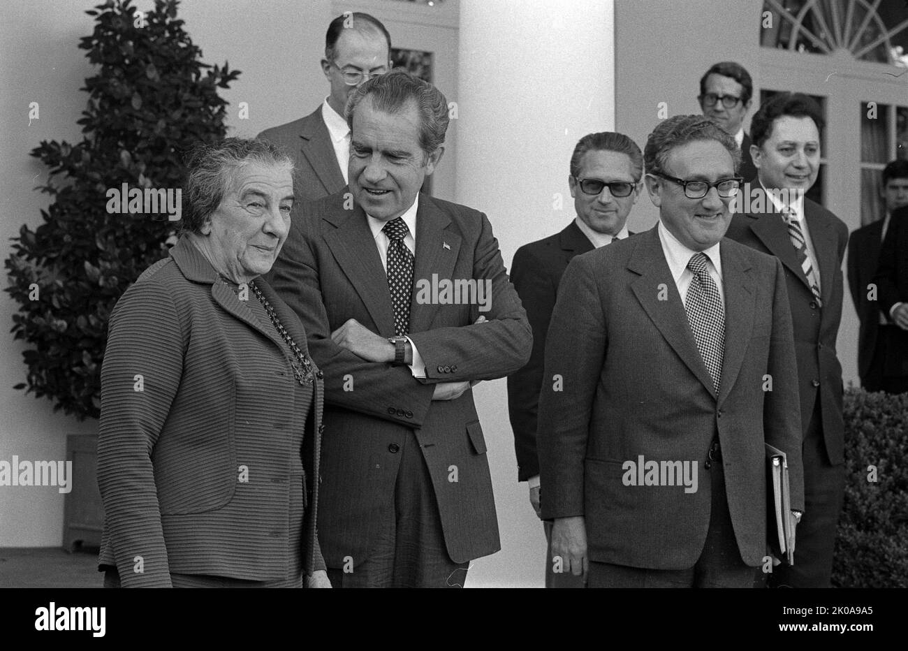 Israeli Prime Minister Golda Meir standing with US president Richard Nixon and Henry Kissinger, outside the White House, 1973 Nov. 1 Stock Photo