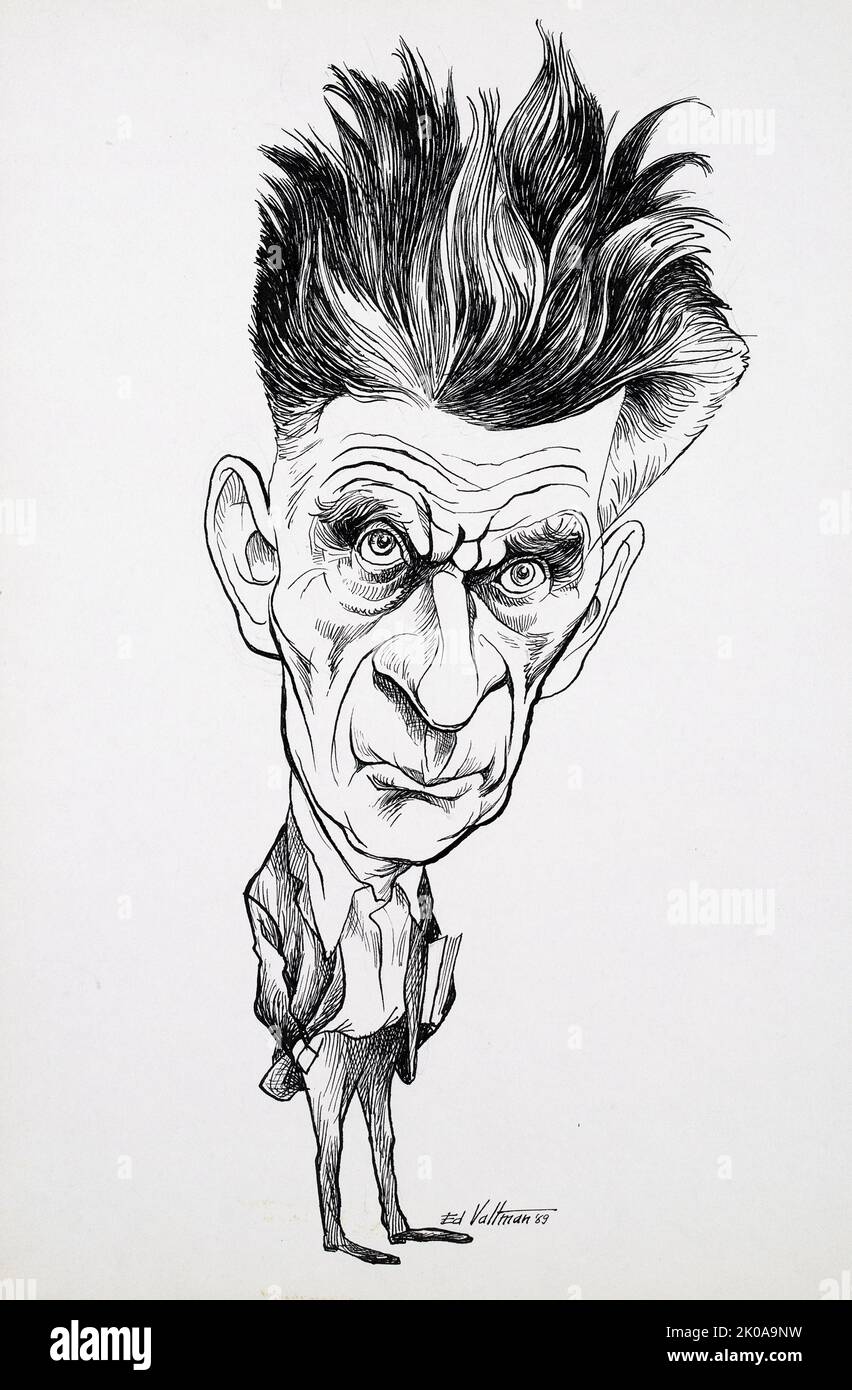 Samuel Beckett by Edmund S. Valtman, 1969. Caricature of Samuel Barclay Beckett (13 April 1906 - 22 December 1989) an Irish novelist, playwright, short story writer, theatre director, poet, and literary translator, Nobel Prize winner and author of the internationally acclaimed play Waiting for Godot. Never a fan of public life, Beckett chose to immerse himself in theology, literature and philosophy Stock Photo