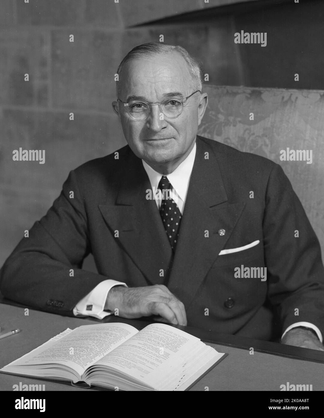 Harry S. Truman (May 8, 1884 - December 26, 1972) was the 33rd president of the United States, serving from 1945 to 1953. A lifetime member of the Democratic Party, he previously served as the 34th vice president under Franklin Roosevelt, and as a United States Senator from Missouri Stock Photo