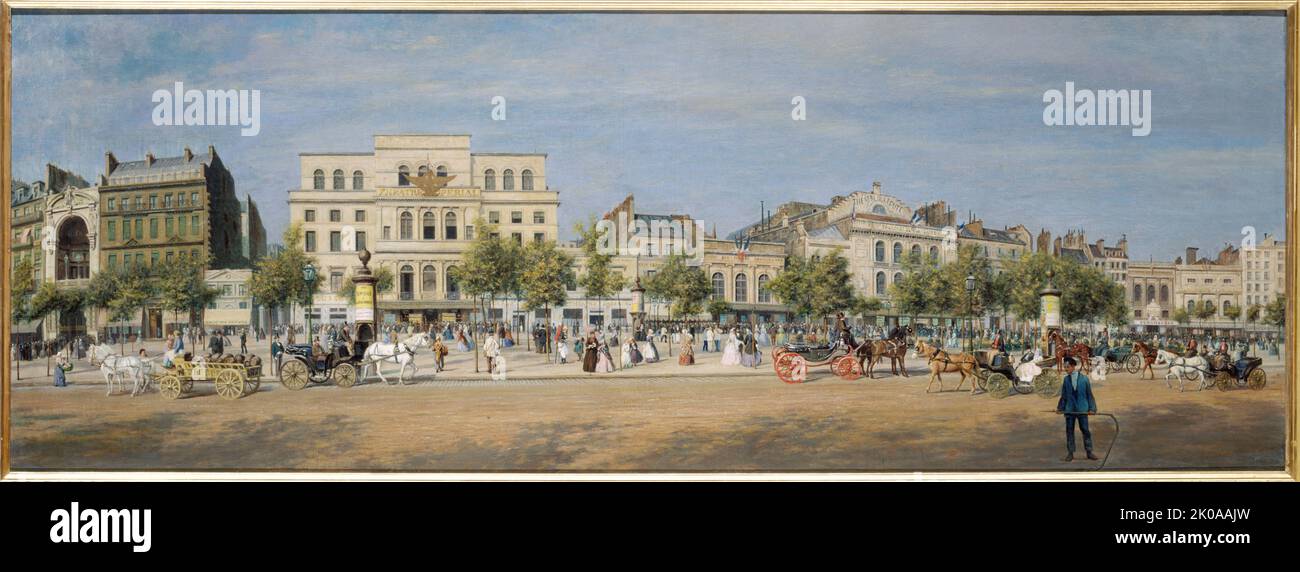 General view of theatres on Boulevard du Temple in 1862. Stock Photo