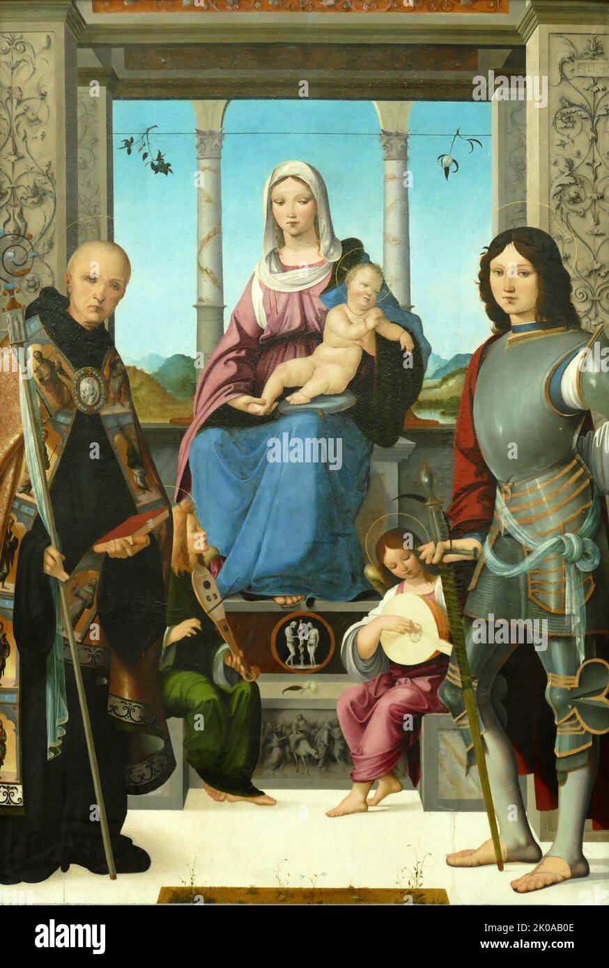 Virgin and Child, flanked by Saints Benedict and Quentin, 1500-05, by Francesco Marmitta (c.1460-1505) who was an Italian painter and jeweller Stock Photo