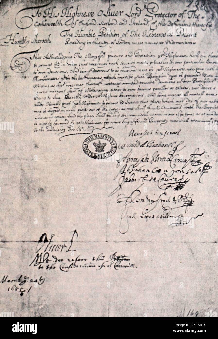 Petition of the Marranos. Toward the middle of the 17th century a considerable number of Marrano merchants settled in London and formed there a secret congregation. Public opinion in England had been prepared by the Puritan movement for a sympathetic treatment of any proposal by the Judaizing sects among the extremists of the Parliamentary party for the readmission of the Jews into England. Petitions favouring readmission had been presented to the army as early as 1649 by two Baptists of Amsterdam, Johanna Cartwright and her son Ebenezer Stock Photo