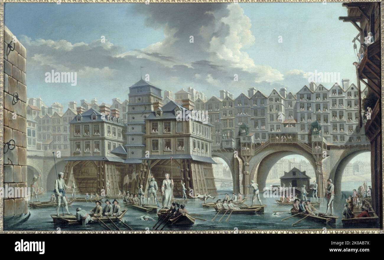 Sailors' joust, between Notre-Dame bridge and the Pont au Change, 1756. Stock Photo