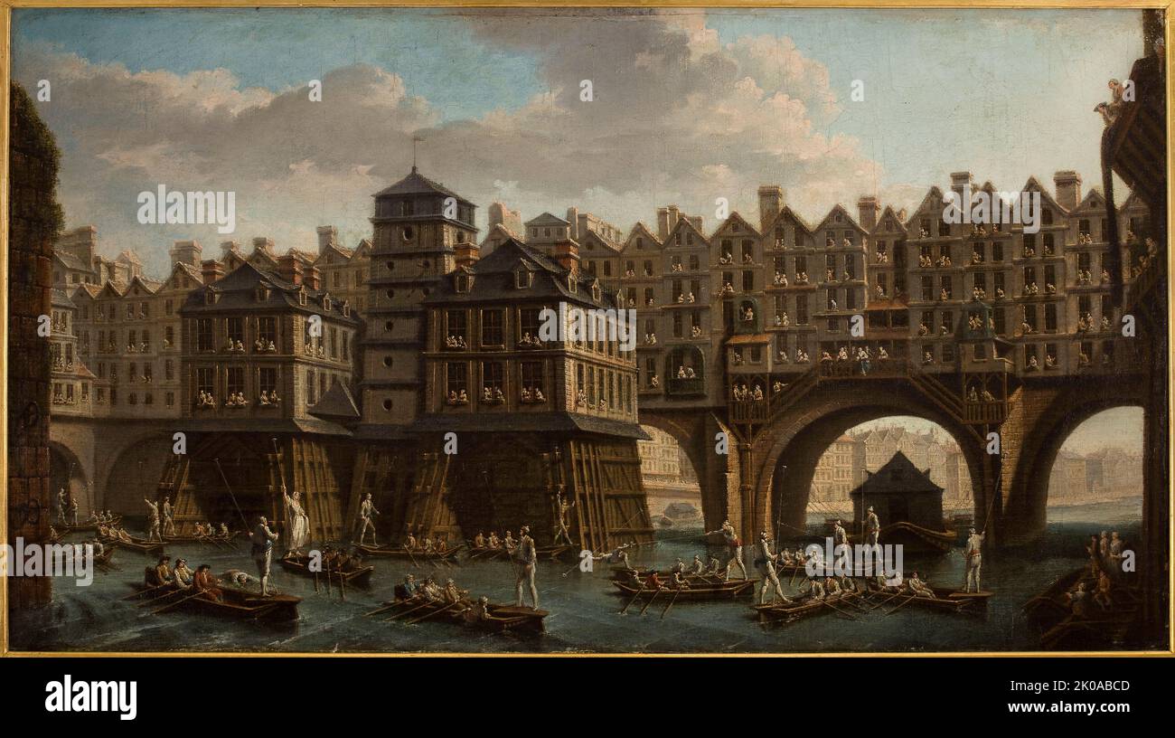 Sailors' joust, between Notre-Dame bridge and the Pont au Change, 1751. Stock Photo