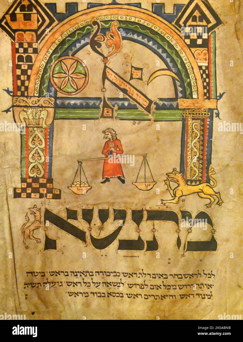 An arcaded initial-word panel from the Worms Mahzor. The Illustration and text refer to the Sabbath of the portion of Shekalim. The Mahzor was used for centuries in the Worms synagogue, until its destruction on Kristallnacht, November 1938. Shekalim is the fourth tractate in the order of Moed in the Mishnah. Its main subject is half-shekel tax that ancient Jews paid every year to make possible the maintenance and proper functioning of the Temple in Jerusalem Stock Photo