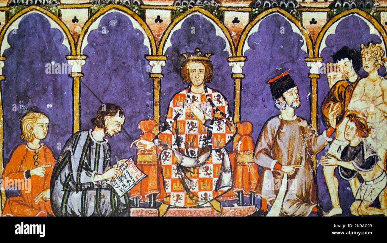 Liveries. Alfonso X, King of Spain, wearing the livery of the Royal House. Coloured Illustration. Alfonso X (23 November 1221 - 4 April 1284) was the king of Castile, Leon and Galicia from 30 May 1252 until his death in 1284 Stock Photo