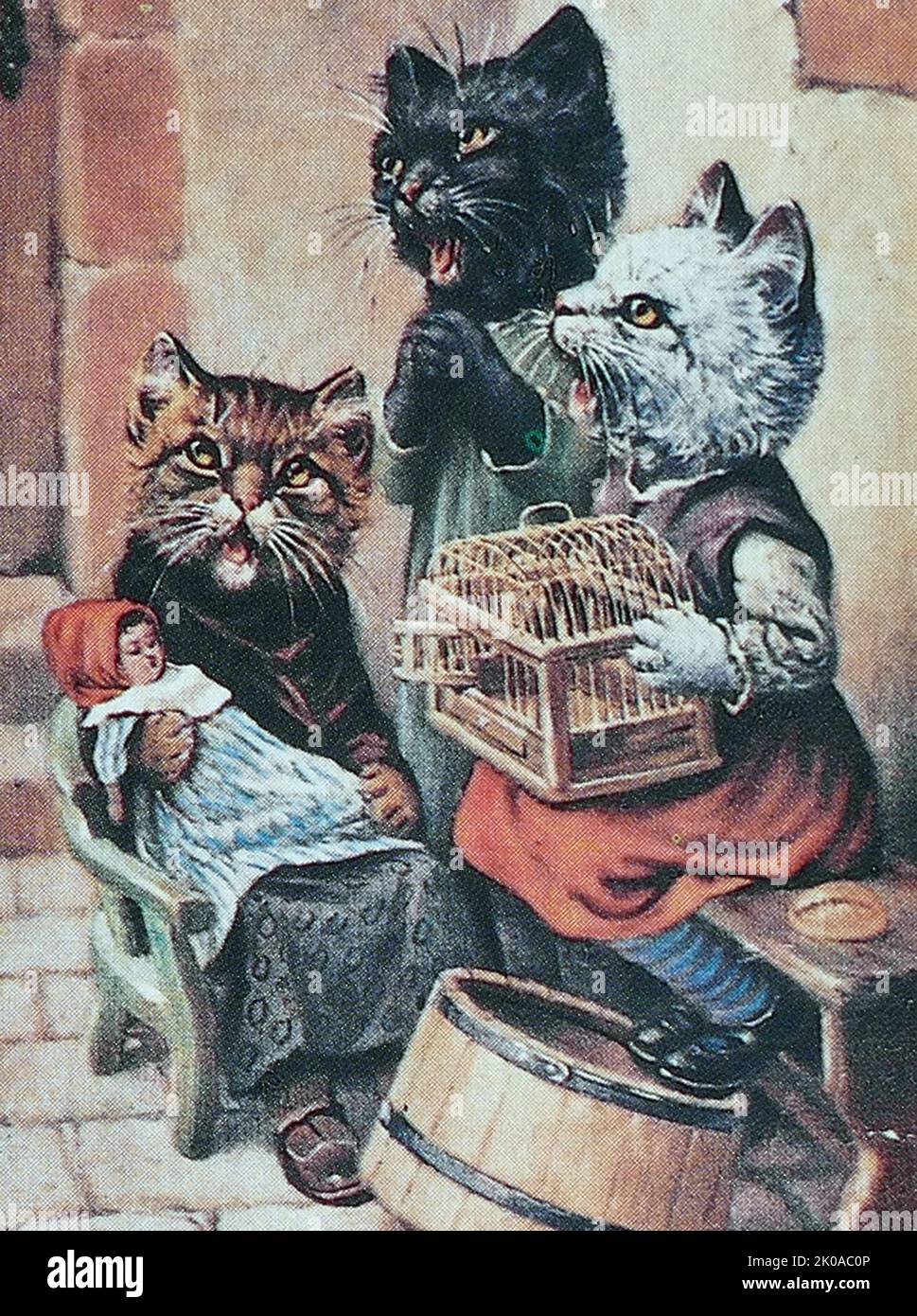 Calling back their lost canary. Tuck oilette. Illustration of cats in human form Stock Photo