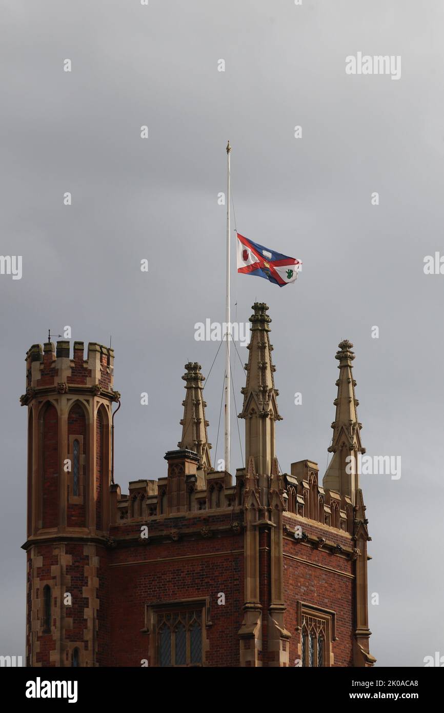 The Flag At Queen's University Belfast flies at Half Mast Following the