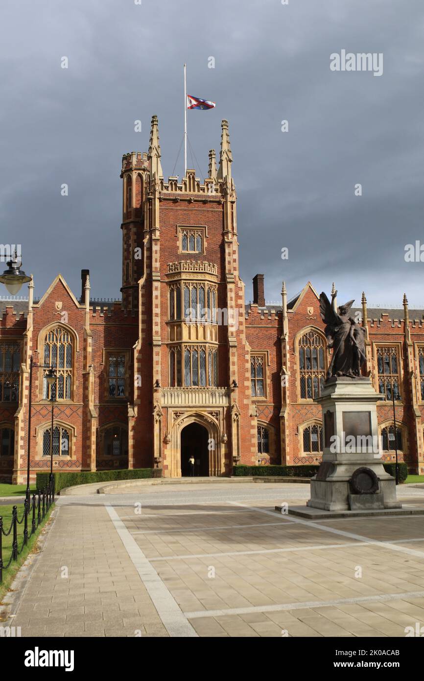 The Flag At Queen's University Belfast flies at Half Mast Following the