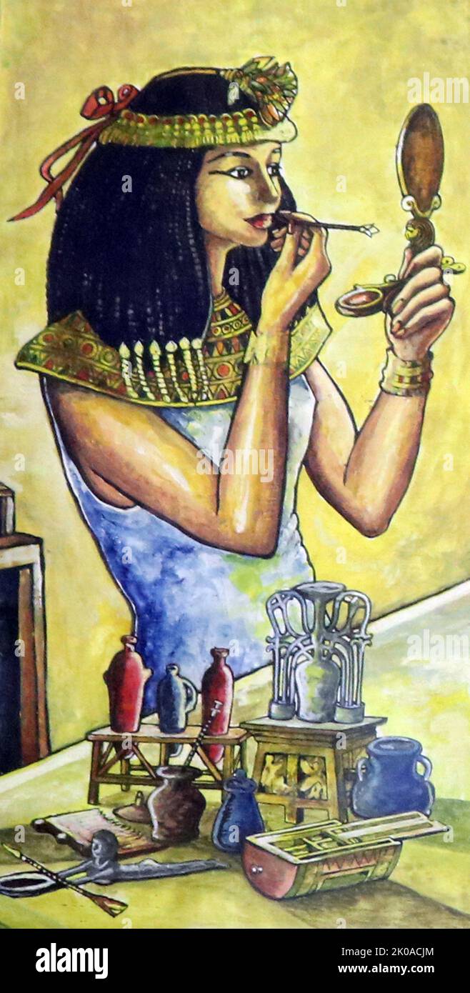 Modern Illustration showing an ancient Egyptian noblewoman applying cosmetics Stock Photo