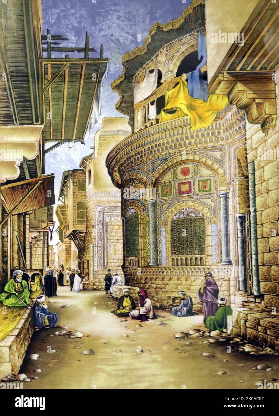 Modern tapestry depicting a 19th century street scene in Cairo, Egypt Stock Photo