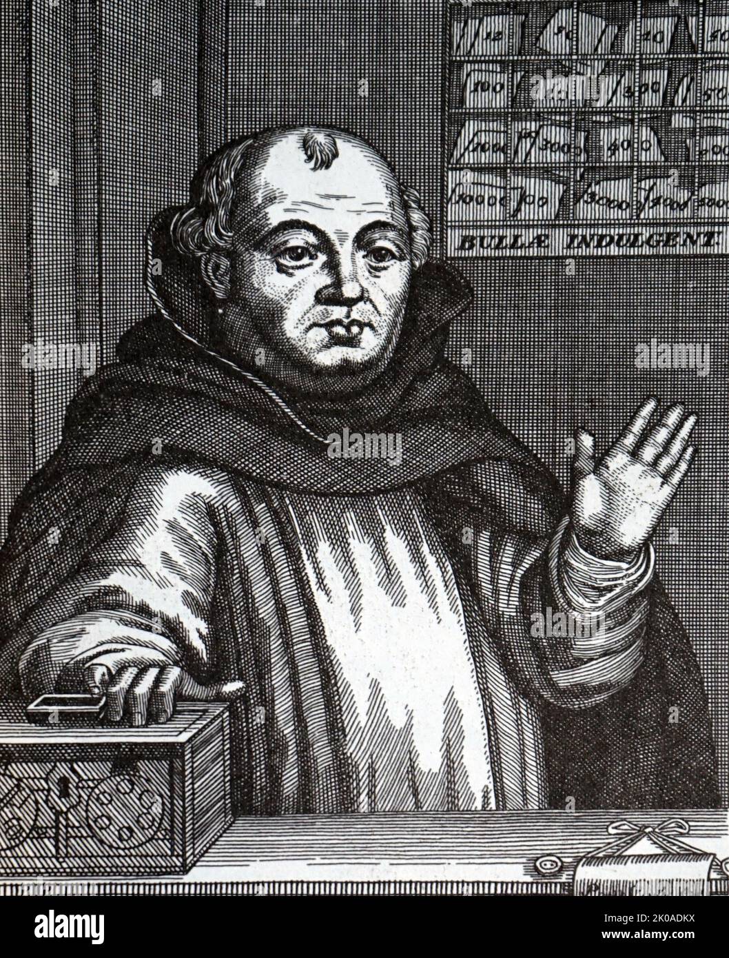 Johann Tetzel (c. 1465 - 1519) German Dominican friar and preacher. He was appointed Inquisitor for Poland and Saxony, later becoming the Grand Commissioner for indulgences in Germany. Tetzel was known for granting indulgences on behalf of the Catholic Church in exchange for money. The main usage of the indulgences sold by Johann Tetzel was to help fund and build the new St. Peter's Basilica in Rome Stock Photo