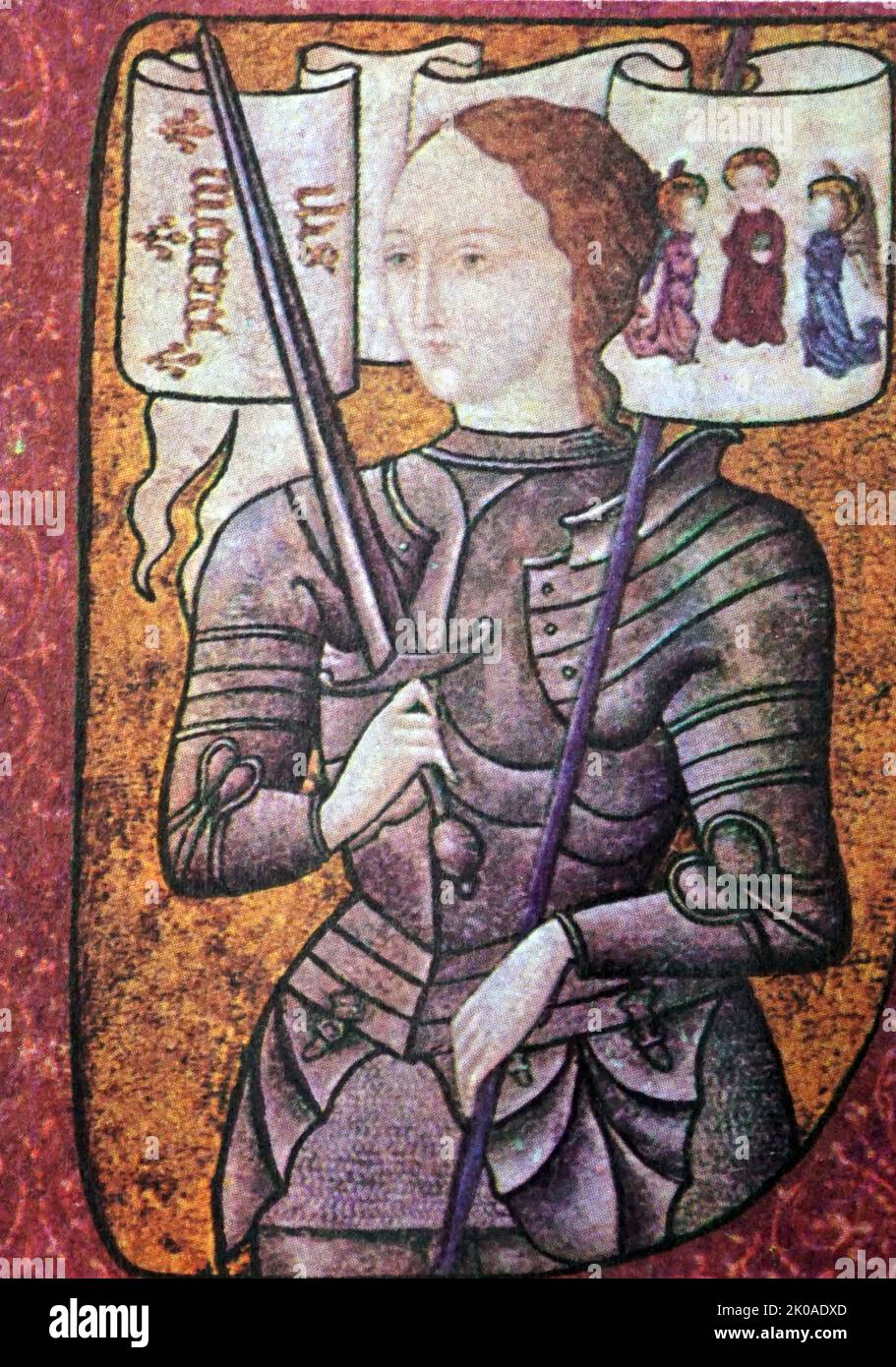 Historiated initial depicting Joan of Arc from Archives Nationales, Paris, AE II 2490, allegedly dated to the second half of the 15th century but most likely an art forgery by the Alsatian painter Georges Spetz (1844-1914) in the late 19th or early 20th centuries Stock Photo