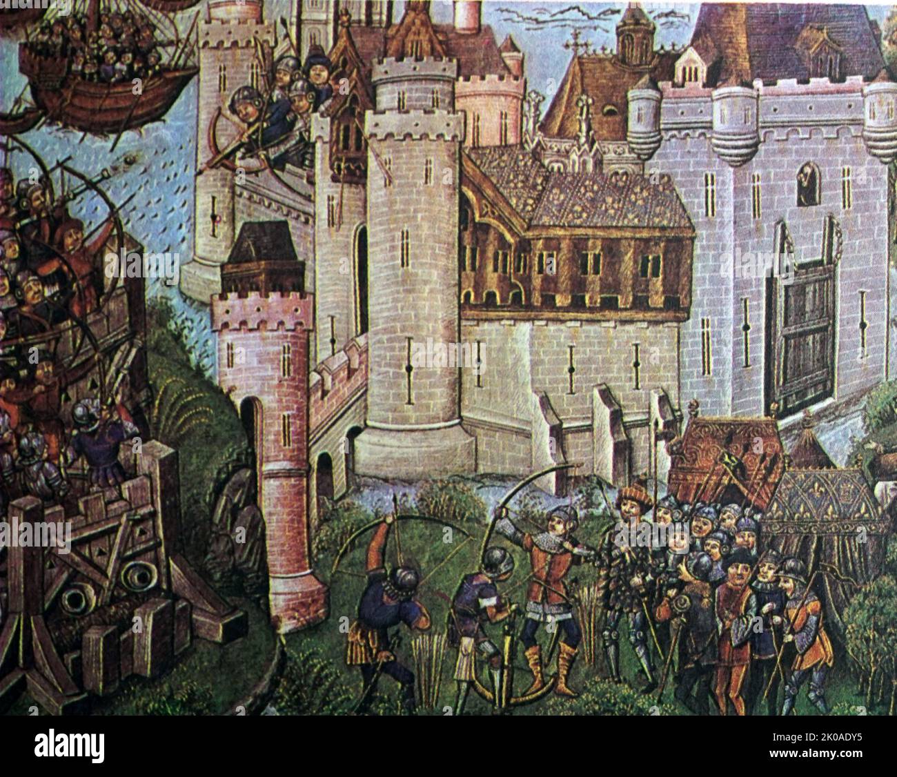 The siege of the castle in 1377, during the Hundred Years' War. Miniature of the 15th century Stock Photo