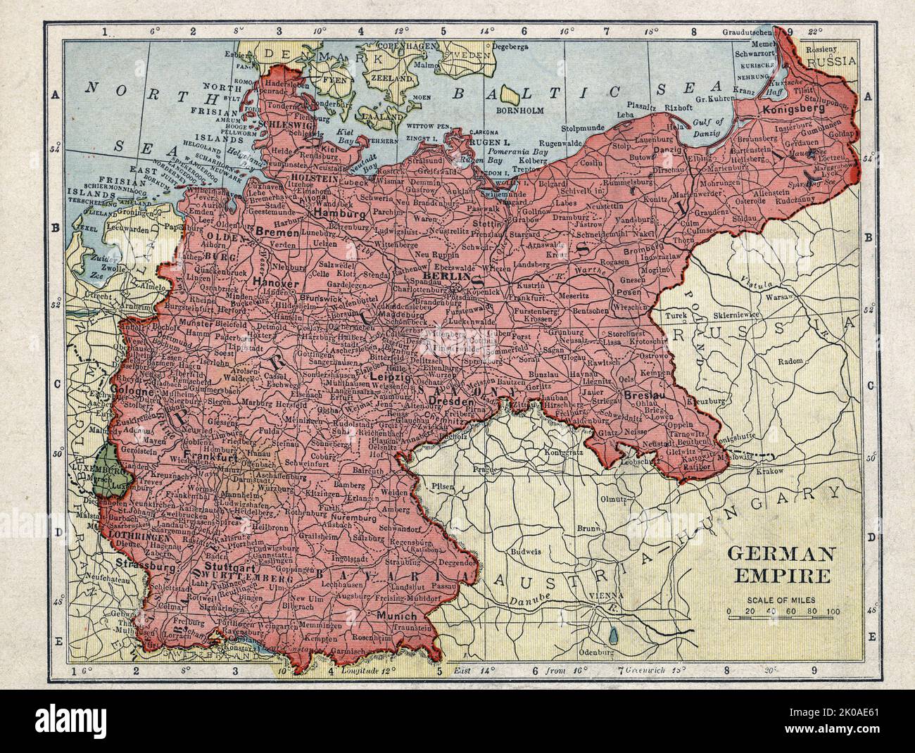 Map of Imperial Germany, including Northern Poland (Danzig). 1912 Stock Photo