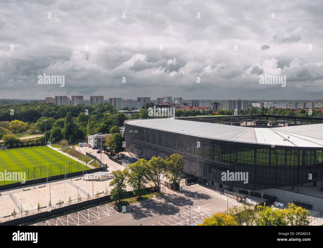 Aerial panoramic summer view over city stadium (Stadion Miejski im. Floriana Krygiera), home ground of Pogoń Szczecin football club. Szczecin, Poland Stock Photo