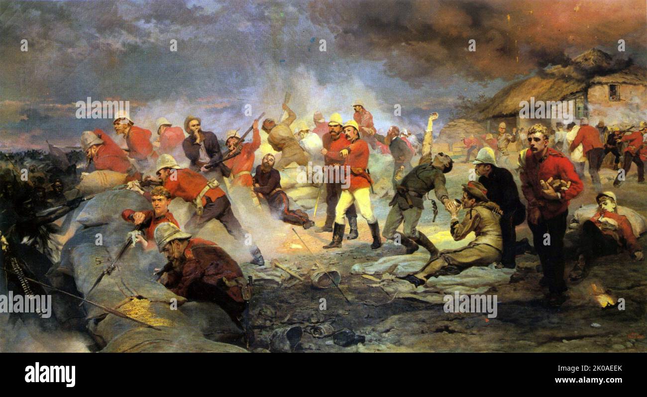 Defence of Rorke's Drift, oil painting by Lady Elizabeth Butler. The Battle of Rorke's Drift (1879), also known as the Defence of Rorke's Drift, was an engagement in the Anglo-Zulu War. The successful British defence of the mission station of Rorke's Drift, under the command of Lieutenants John Chard of the Royal Engineers and Gonville Bromhead, 24th Regiment of Foot, began when a large contingent of Zulu warriors broke off from their main force during the final hour of the British defeat at the day-long Battle of Isandlwana on 22 January 1879, diverting 6 miles (9.7 km) to attack Rorke's Drif Stock Photo