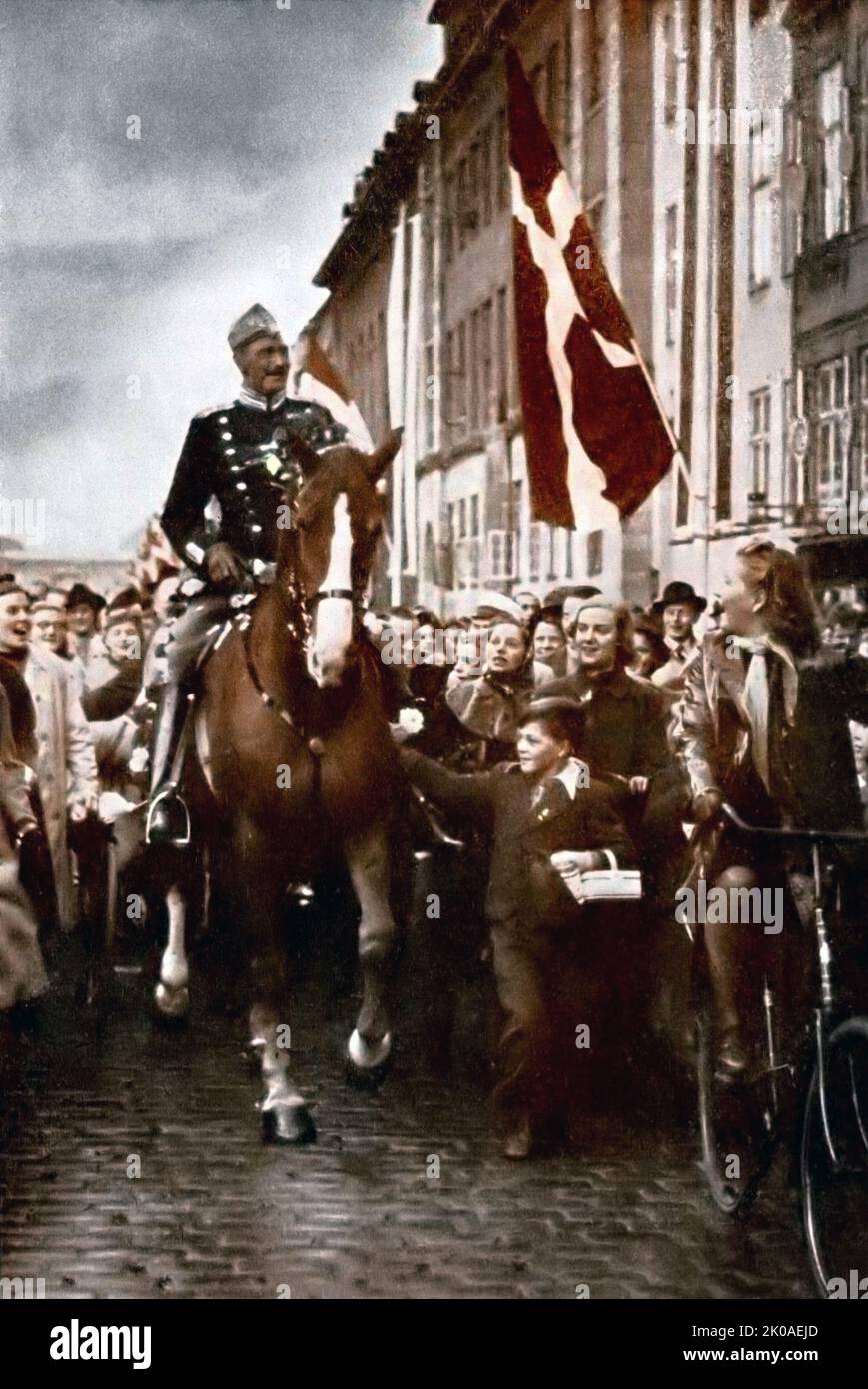 Christian X (1870 - 20 April 1947) was King of Denmark from 1912 to his death in 1947, and the only King of Iceland as Kristjan X, in the form of a personal union rather than a real union between 1918 and 1944. King Christian X rode through Copenhagen on his 70th birthday, 26 September 1940, during the German occupation of Denmark Stock Photo