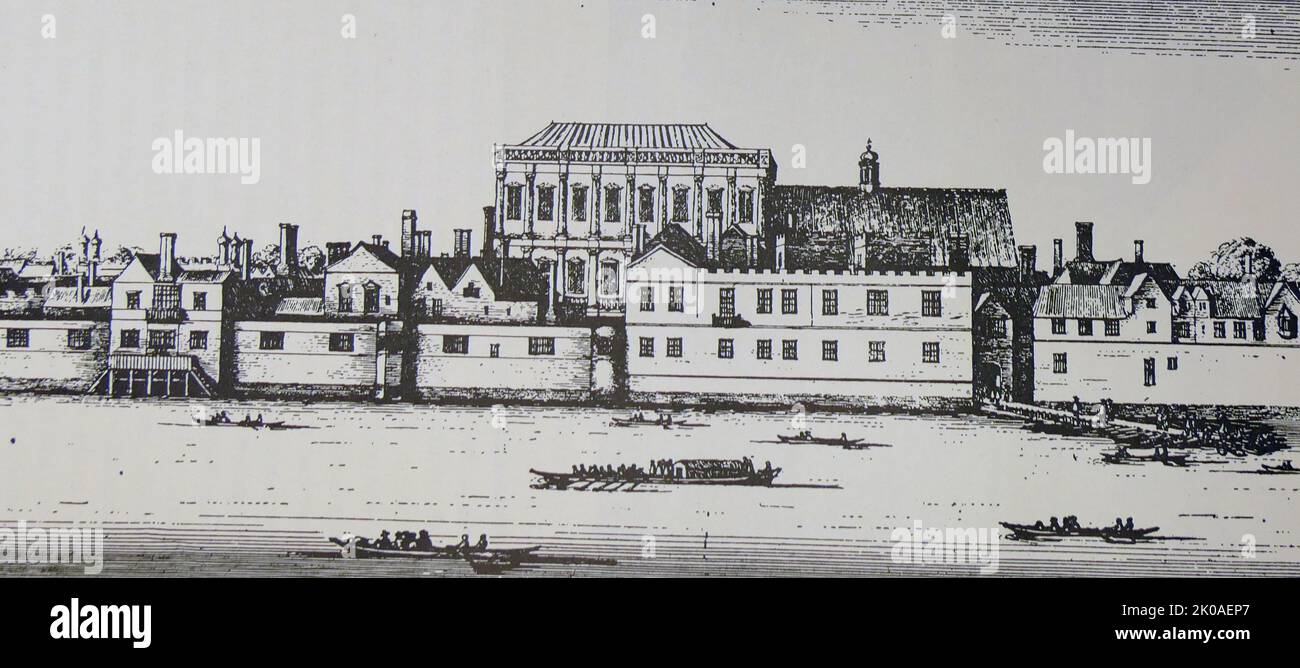 The Palace of Whitehall (or Palace of Whitehall) at Westminster, Middlesex, was the main residence of the English monarchs from 1530 until 1698, when most of its structures, except notably Inigo Jones's Banqueting House of 1622, were destroyed by fire. Henry VIII moved the royal residence to White Hall after the old royal apartments at the nearby Palace of Westminster were themselves destroyed by fire. Although the Whitehall palace does not survive, the area where it was located is still called Whitehall and has remained a centre of government Stock Photo