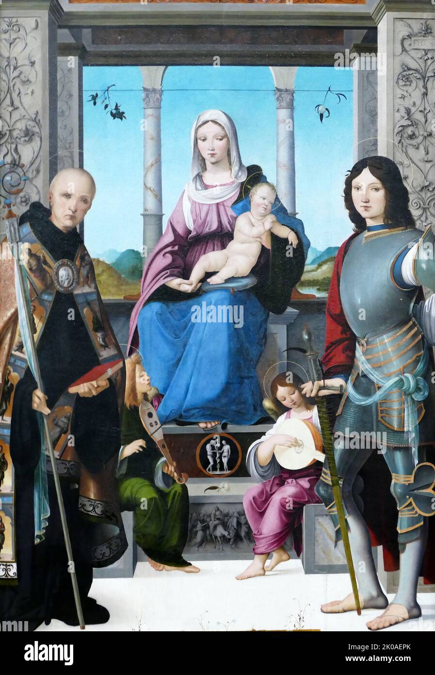 Virgin and Child flanked by Saints Benedict and Quentin, 1500-05. Musee du Louvre, originally from San Quintino, Parma. By Francesco Marmitta (ca. 1460-1505) an Italian painter and jeweller Stock Photo