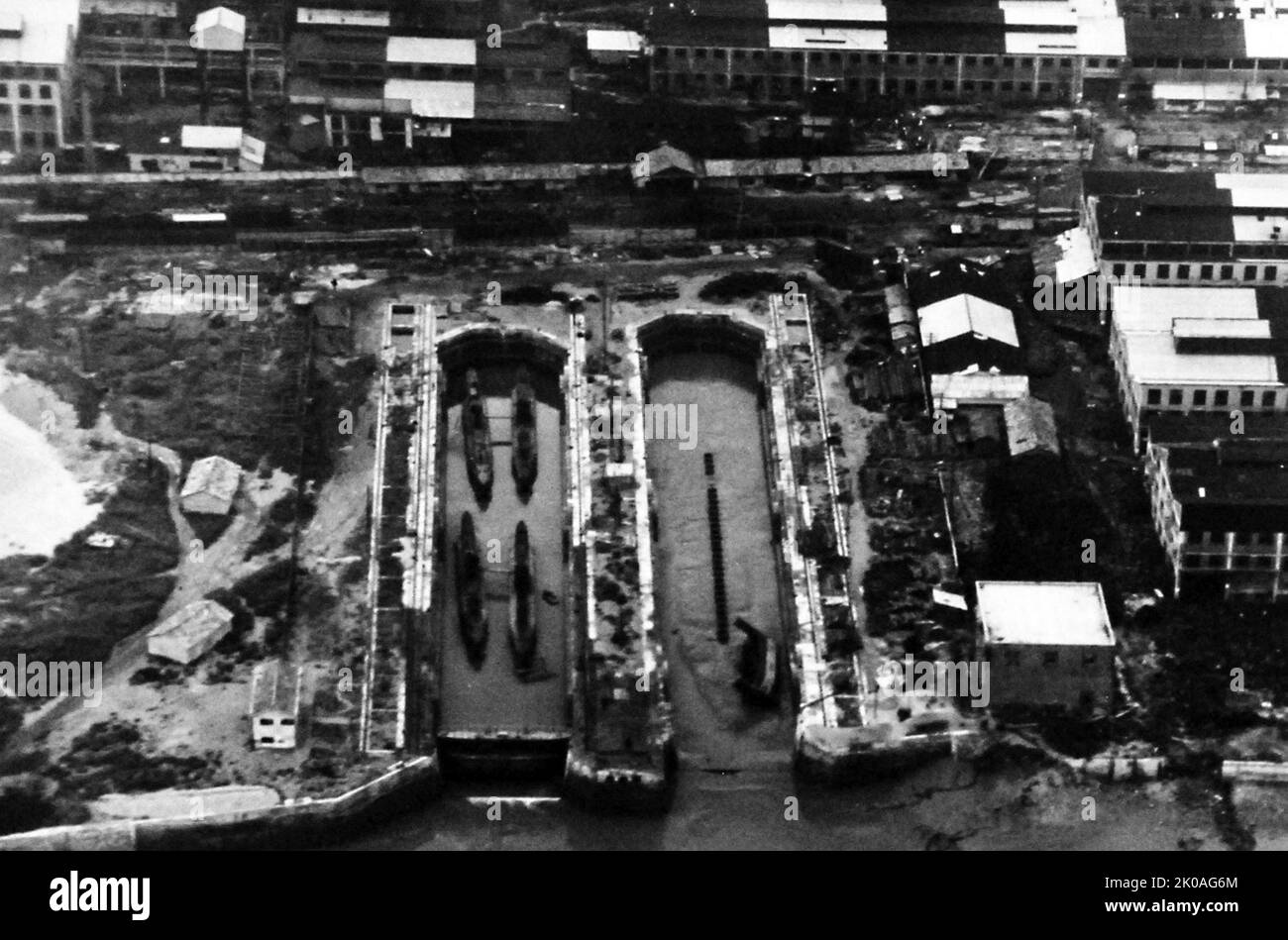 Aerial of Incheon, Korea, September 8, 1945. Four midget submarines in drydock at Jinsen (Inchon), Korea, September 8, 1945. Stock Photo