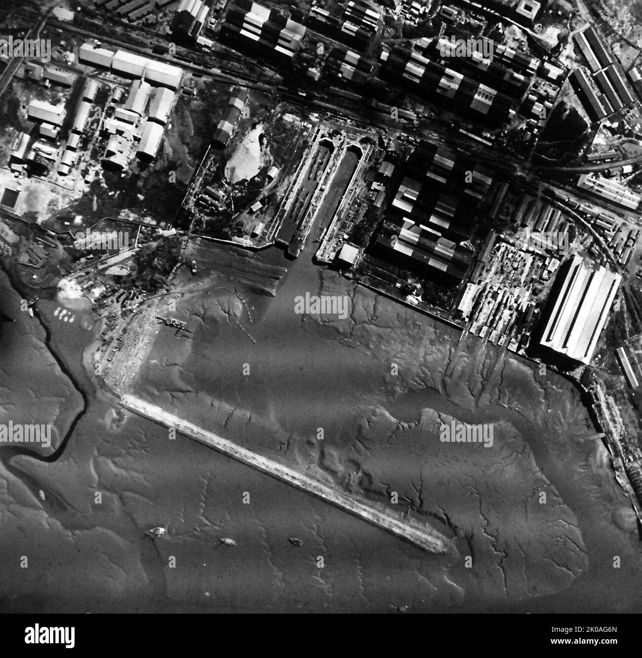 Aerial photo of Incheon, Korea, September 8, 1945. Dock area and waterfront at Jinsen, (Inchon), Korea, September 8, 1945 Stock Photo