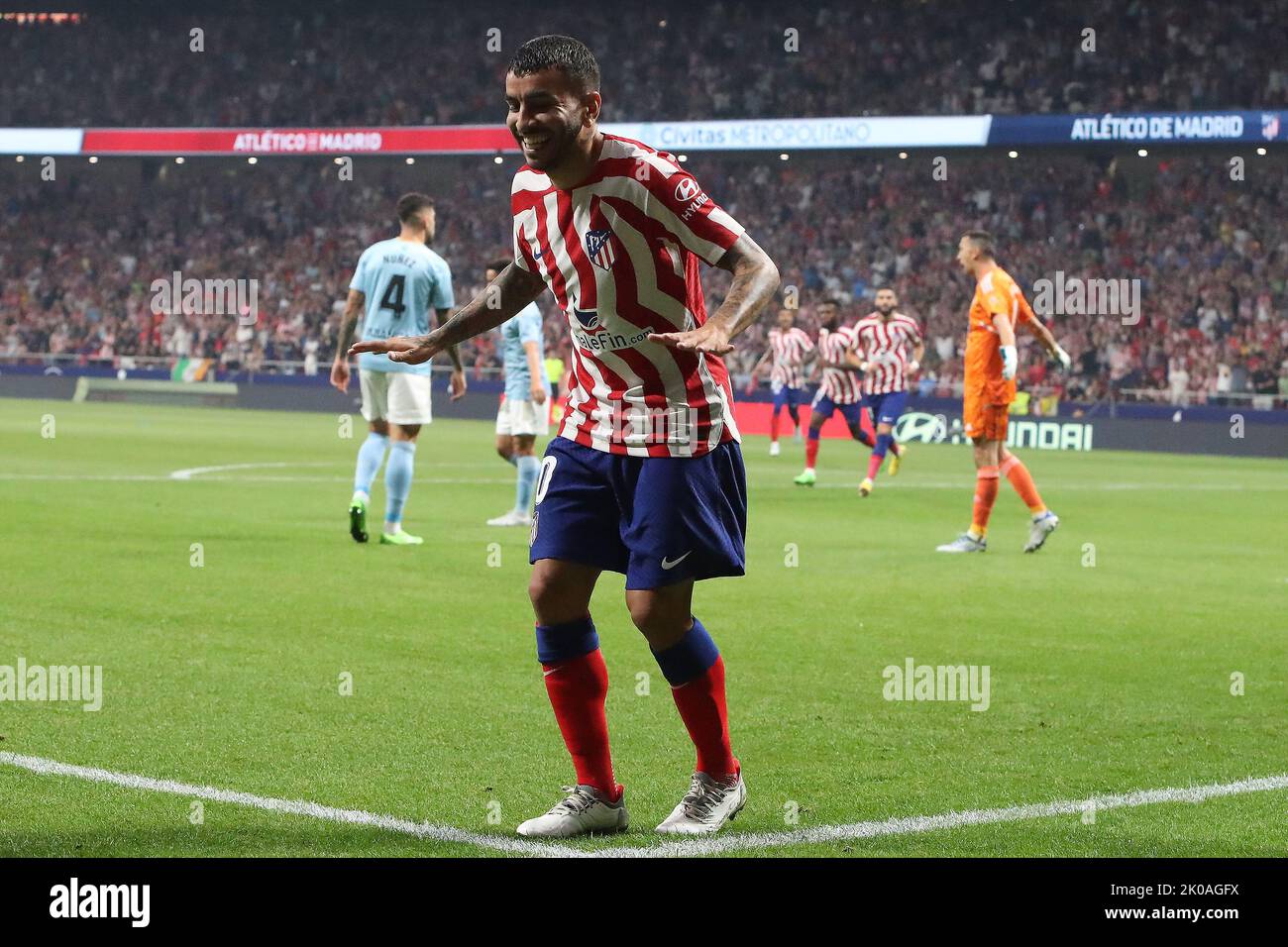 Madrid, Spain. 10th Sep, 2022. Atletico´s Correa celebrates first goal during La Liga match day 5 between Atletico de Madrid and Celta at Civitas Metropolitano Stadium in Madrid, Spain, on September 10, 2022. Credit: Edward F. Peters/Alamy Live News Stock Photo