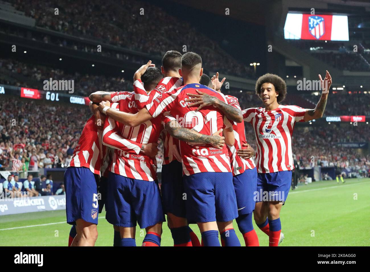 Madrid, Spain. 10th Sep, 2022. Atletico´s players celebrate during La Liga match day 5 between Atletico de Madrid and Celta at Civitas Metropolitano Stadium in Madrid, Spain, on September 10, 2022. Credit: Edward F. Peters/Alamy Live News Stock Photo
