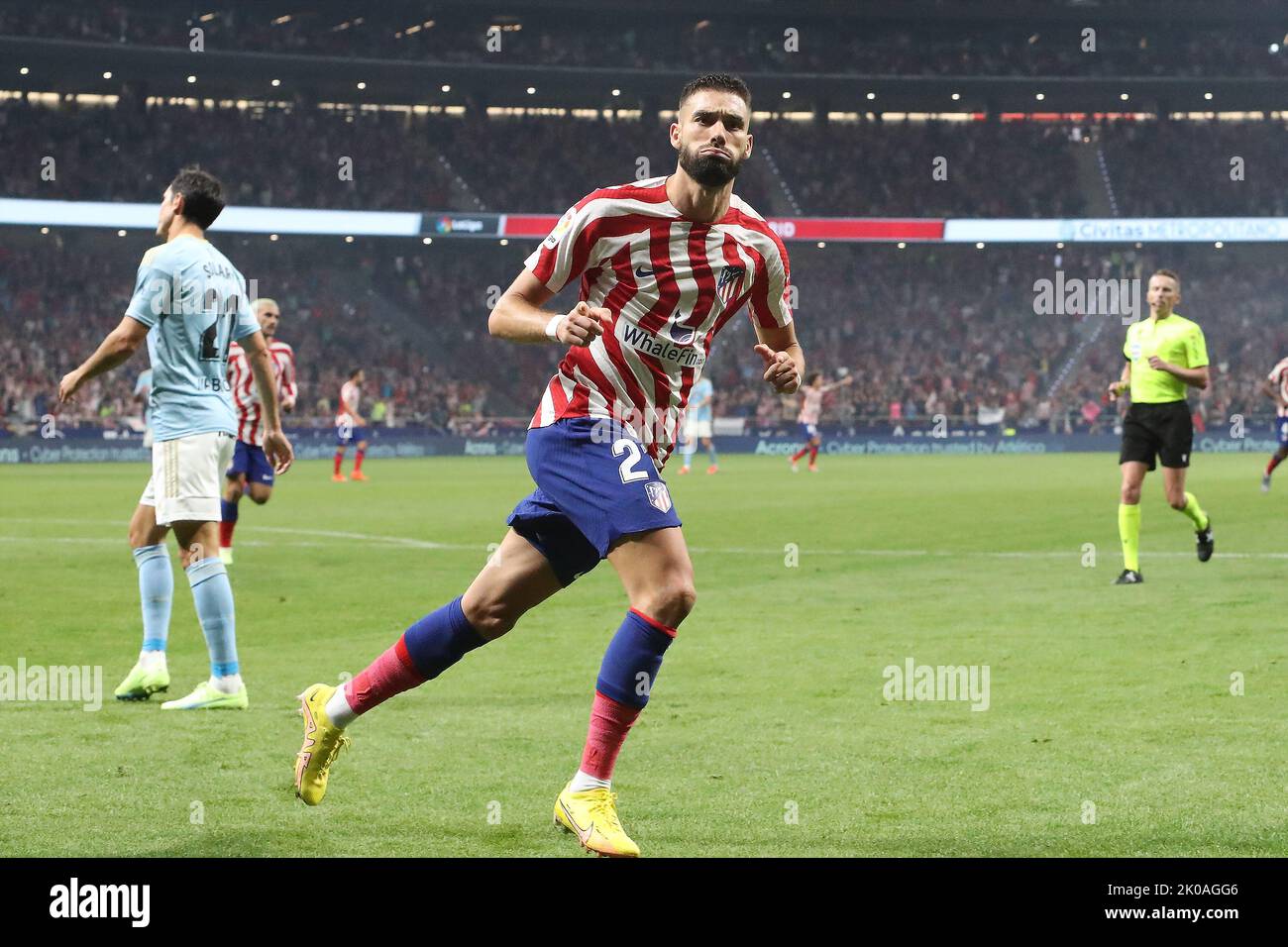 Madrid, Spain. 10th Sep, 2022. Atletico´s Carrasco celebrates 3rd goal during La Liga match day 5 between Atletico de Madrid and Celta at Civitas Metropolitano Stadium in Madrid, Spain, on September 10, 2022. Credit: Edward F. Peters/Alamy Live News Stock Photo