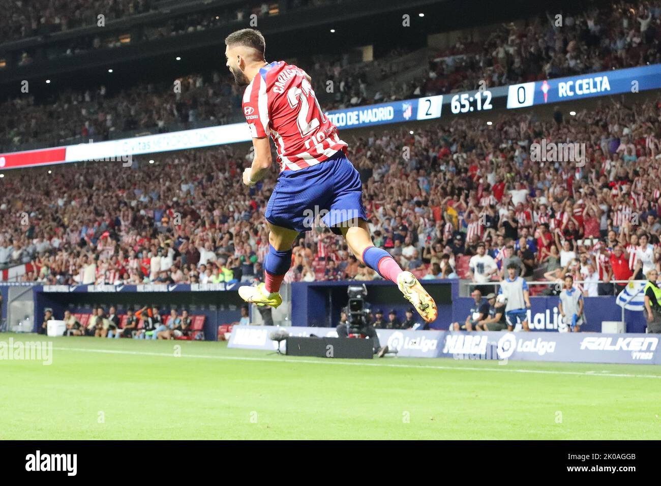 Madrid, Spain. 10th Sep, 2022. Atletico´s Carrasco celebrates during La Liga match day 5 between Atletico de Madrid and Celta at Civitas Metropolitano Stadium in Madrid, Spain, on September 10, 2022. Credit: Edward F. Peters/Alamy Live News Stock Photo