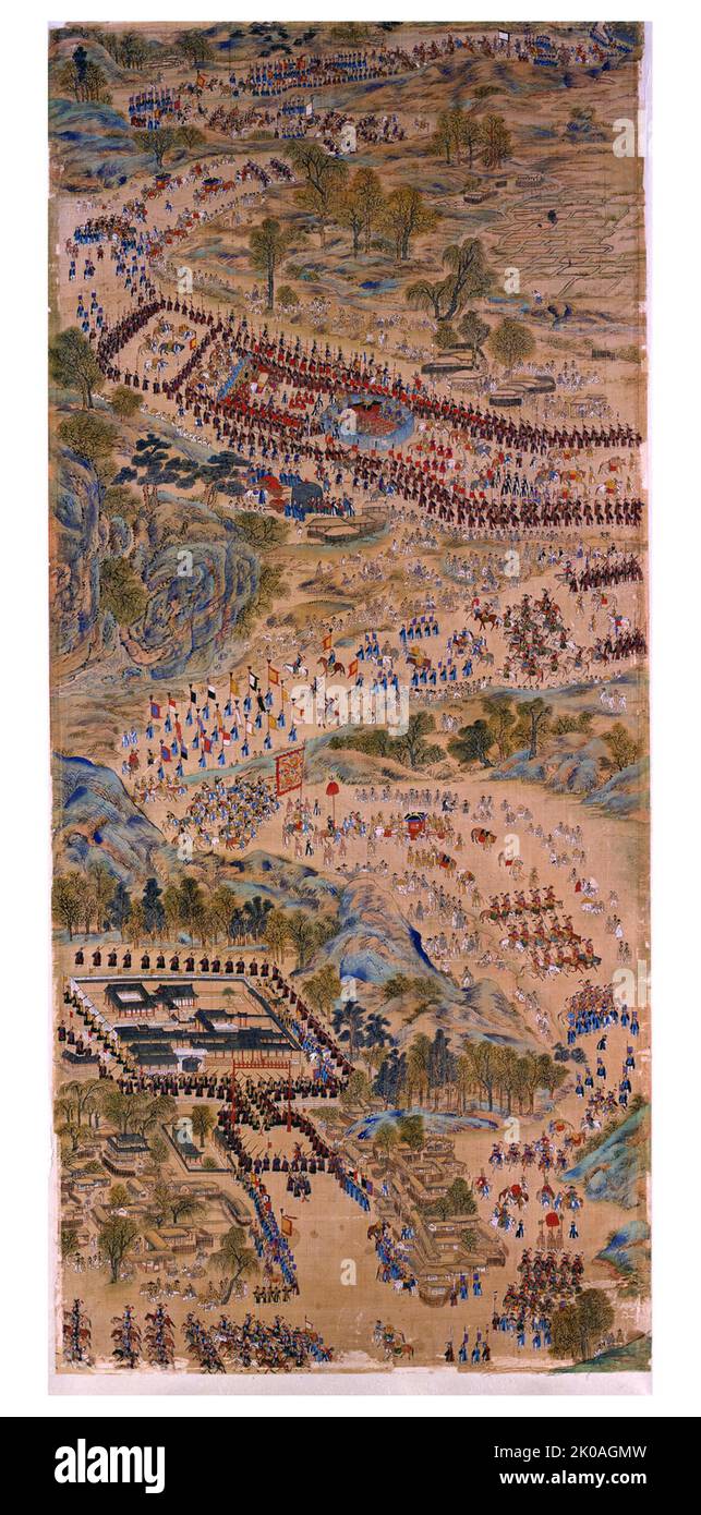 According to palace records, Lady Hyegyeong, King Jeongjo's mother, was so pleased to be presented with a screen of such magnificent scale and stunning precision that she rewarded each of the seven artists who participated in its production. The artists were Choe Deuk-hyeon, Kim Deuk-sin, Yi Myeong-gyu, Jang Han-jong (1768 - 1815), Yun Seok-keun, Heo Sik (1762 - ?) and Yi In-mun. From the time of Joseon dynasty (1392 - 1910) Stock Photo