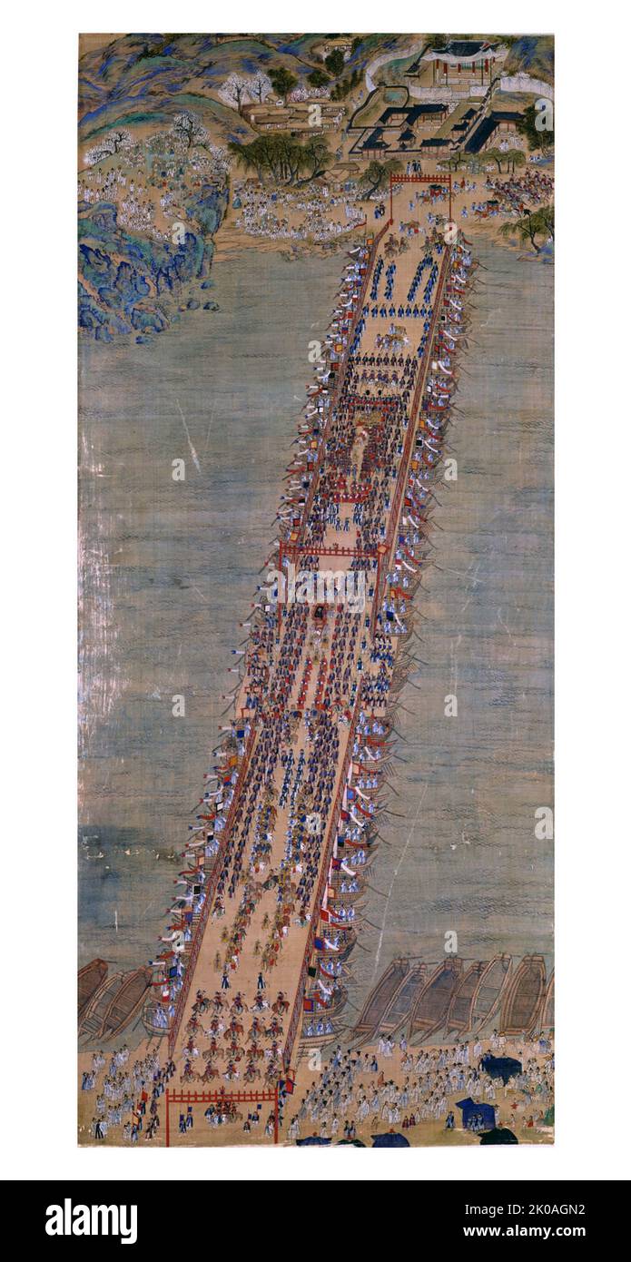 Eight-day procession led by King Jeongj. Procession Crossing the Han River over a Pontoon Bridge at Noryangjin, 1795. Joseon Era, painted scroll Stock Photo