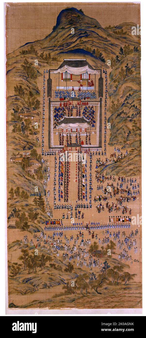 Visit to the Royal Ancestral Tomb at Hwaseong, Joseon Era, Korean painted scroll Stock Photo