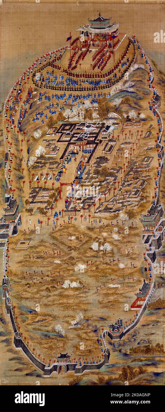 According to palace records, Lady Hyegyeong, King Jeongjo's mother, was so pleased to be presented with a screen of such magnificent scale and stunning precision that she rewarded each of the seven artists who participated in its production. The artists were Choe Deuk-hyeon, Kim Deuk-sin, Yi Myeong-gyu, Jang Han-jong (1768 - 1815), Yun Seok-keun, Heo Sik (1762 - ?) and Yi In-mun. From the time of Joseon Dynasty (1392 - 1910) Stock Photo