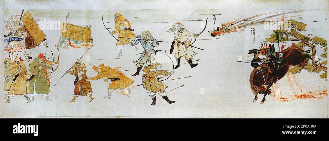 This painting is a copy of a 1293 work by an unknown artist. Ink and water colours on paper. The scrolls deal with the deeds of Takezaki Suenaga, who lived in southern Higo (now Matsubase municipality, Kumamoto prefecture) during the Mongol invasions of 1274 and 1281. Stock Photo
