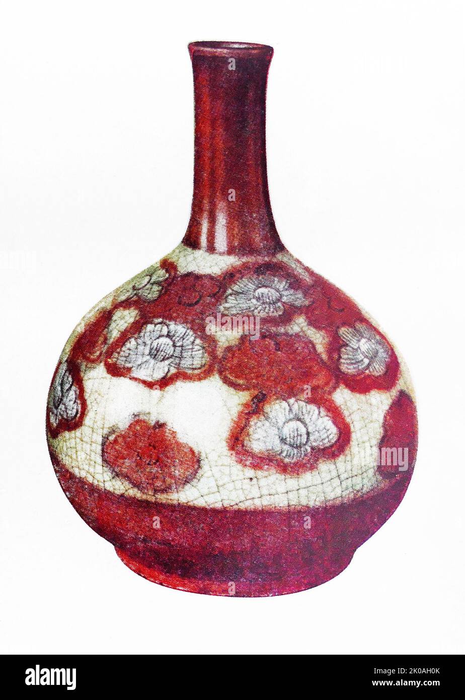 Bottle with floral design in underglaze and cinnabar. From the time of Joseon Dynasty (1392 - 1910) Stock Photo
