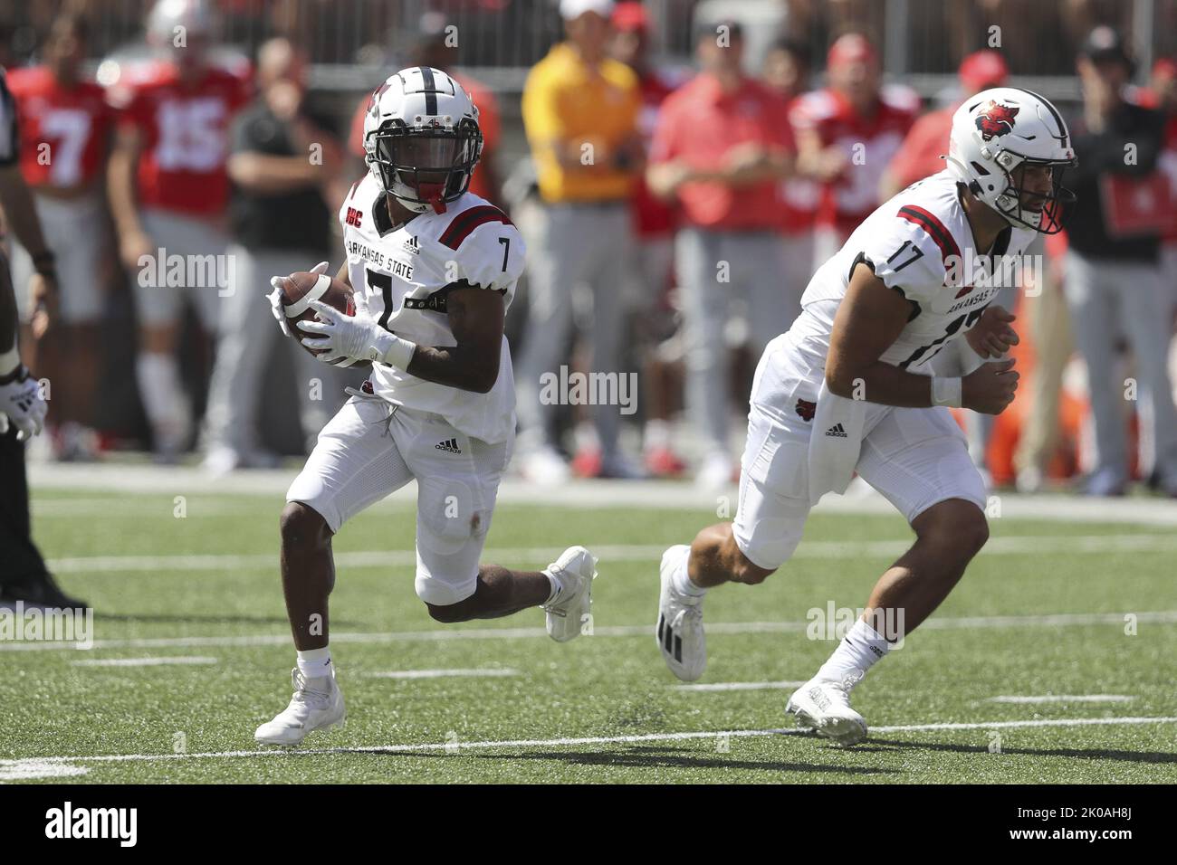 Columbus, United States. 10th Sep, 2022. Arkansas State Red Wolves Champ Flemings (7) runs after taking the hand off from AJ Mayer against the Ohio State Buckeyes in the second half in Columbus, Ohio on Saturday, September 10, 2022. Photo by Aaron Josefczyk/UPI Credit: UPI/Alamy Live News Stock Photo