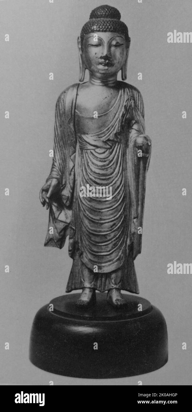 Buddhist sculpture from Unified Silla, Korea: Bhaisajyaguru. Made of gilt bronze. Unified Silla (668 - 935) Stock Photo