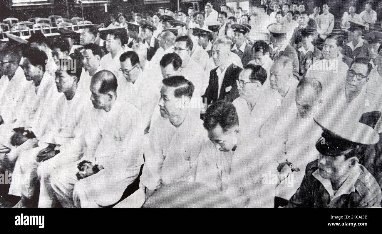 First post-revolution trail began July 5, 1960, in South Korea, for thirty former high officials of the Syngman Rhee regime, on charges of corruption, maladministration, and election rigging, etc. Photo shows top-ranking suspects (in white robes) in court. Stock Photo