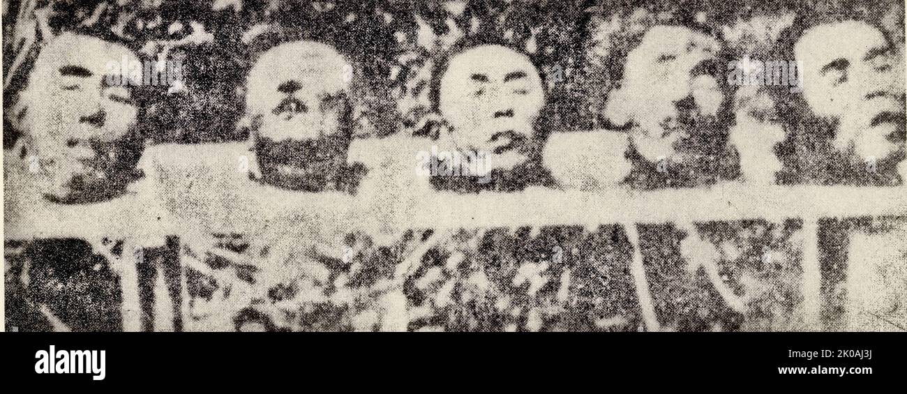 The Japanese invaders arranged the heads of people from Dongbei killed by them in a row as a 'spiritual sacrifice' for those who died in the invasion of China. Stock Photo