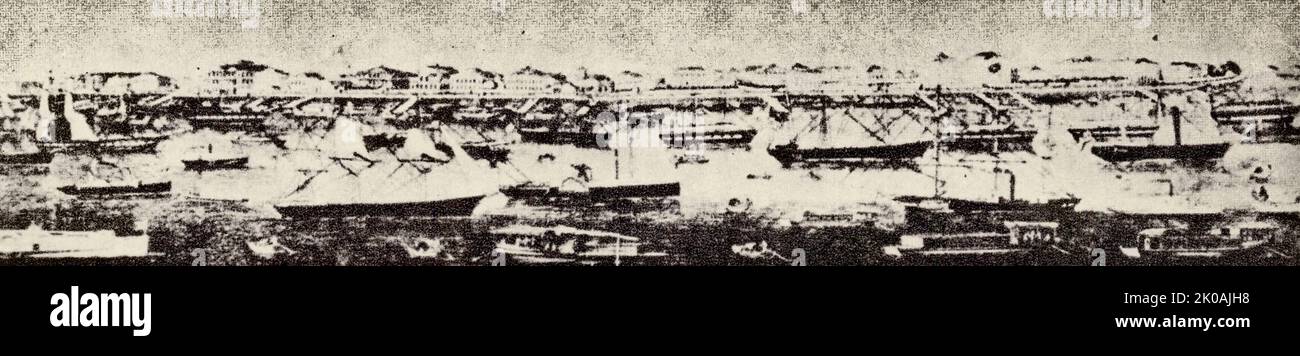 Shanghai was the specified port to allow commerce based on the Treaty of Nanking, the port opened in 1843. Pictured was Shanghai in 1850. The Treaty of Nanking was a peace treaty that ended the First Opium War between the United Kingdom and Qing Dynasty in China in 1842 in the wake of China's defeat. Stock Photo