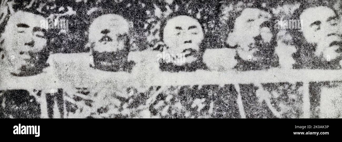 The Japanese invaders arranged the heads of people from Dongbei killed by them in a row as a 'spiritual sacrifice' for those who died in the invasion of China. Stock Photo