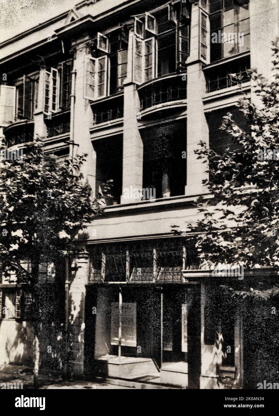 The exterior and interior of the 'August Seventh' meeting site. On June 23rd, 1927, Ren Bishi attended the meeting of the Party Central Committee the Youth League Central Committee, and read out 'To the Central Committee's Opinions', where he criticized Chen Duxiu; on August 7, the Party Central Committee held a meeting in Hankou Jiao Street (Now No. 139 Xian Poyang Street). That emergency meeting was known as the 'August Seventh' meeting. At the meeting, Ren Bishi once again criticized Chen Duxiu's mistakes of his right-leaning ideology and opportunism. Ren Bishi was elected as a member of th Stock Photo
