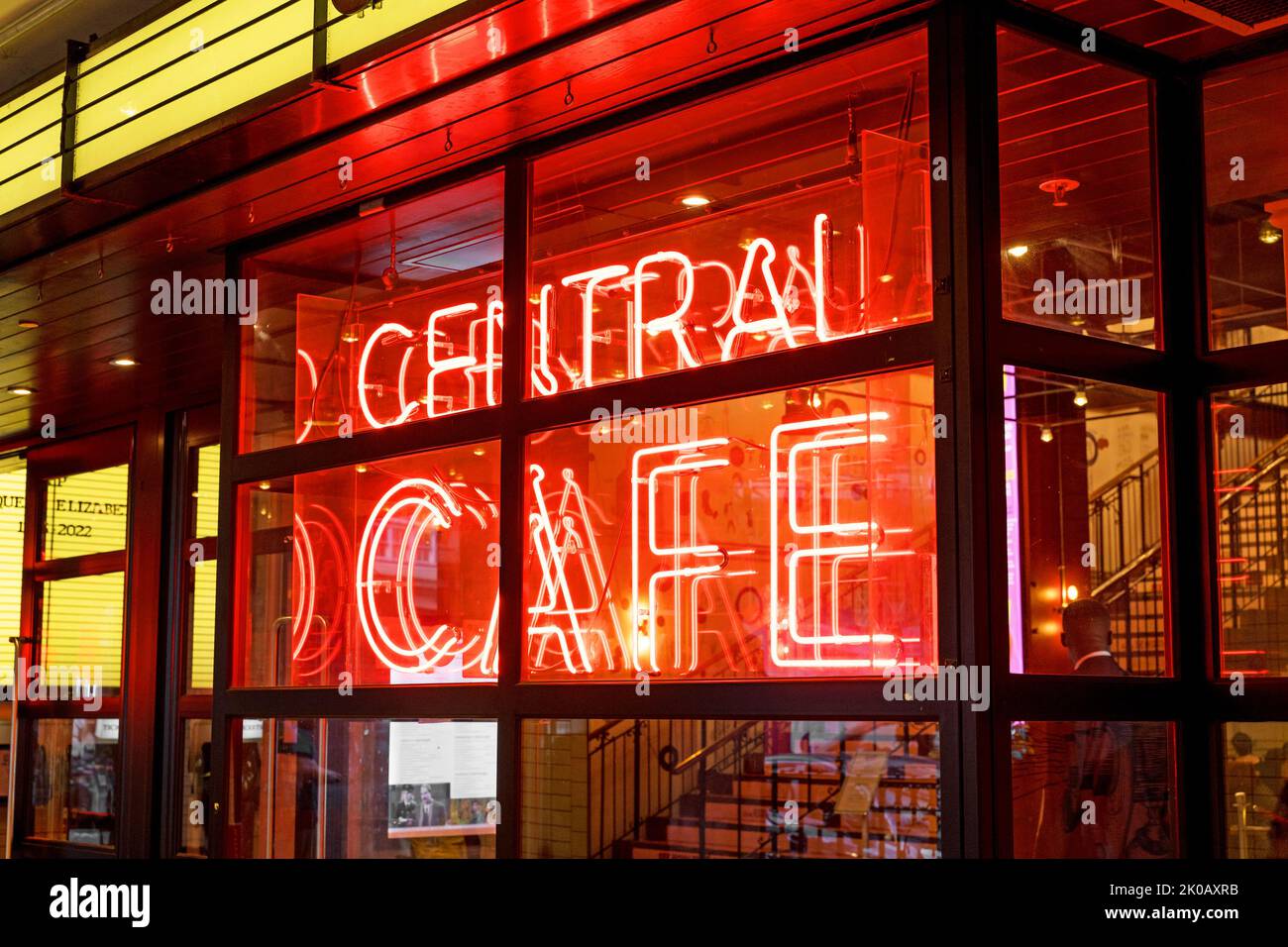 Red Central Cafe neon sign in the window of a Picture house Cinema. London Stock Photo