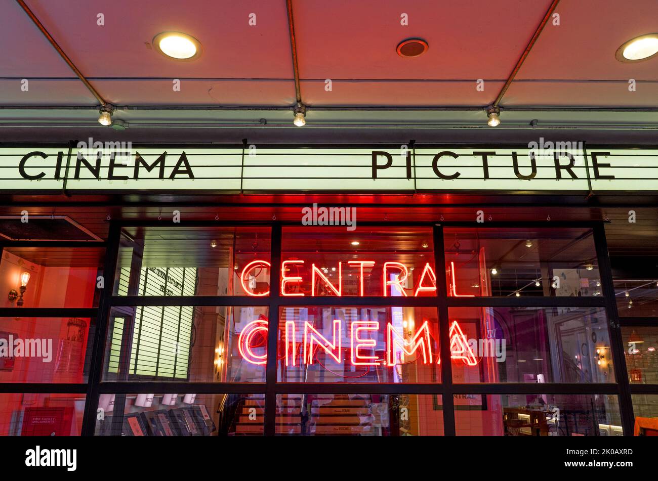 Red Central Cinema neon sign in the window of a Picture house Cinema. London Stock Photo