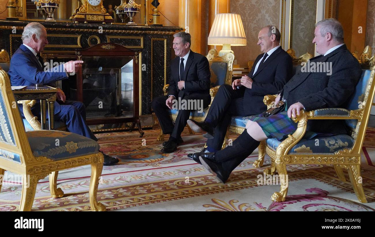 London, UK. 11th Sep, 2022. Britain's King Charles III (L) speaks with Britain's Labour party leader Keir Starmer (C), Liberal Democrat leader Ed Davey (2nd R) and SNP Westminster leader Ian Blackford (R) during an audience, at Buckingham Palace, in London, on Saturday on September 10, 2022. King Charles III pledged to follow his mother's example of "lifelong service" in his inaugural address to Britain and the Commonwealth on Friday, after ascending to the throne following the death of Queen Elizabeth II on September 8. Photo by The Royal Family/ Credit: UPI/Alamy Live News Stock Photo