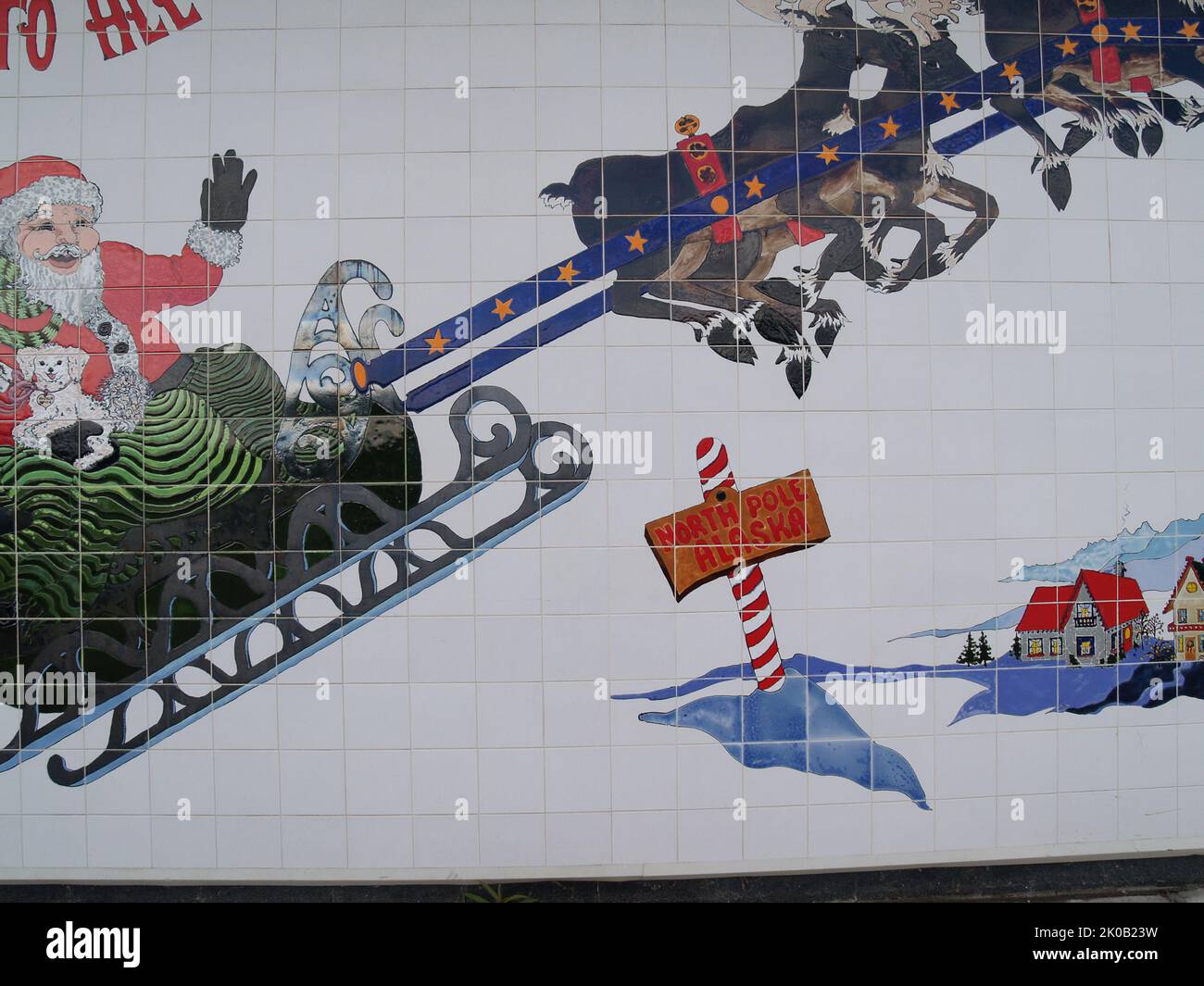 North Pole Alaska, USA August 6 2008; Tiled exterior wall depicting