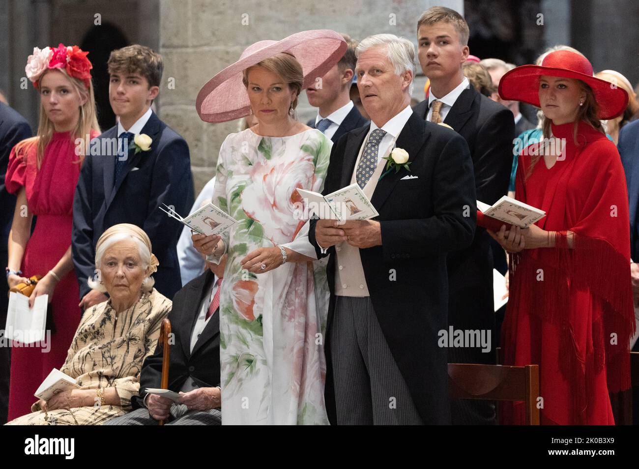 Brussels, Belgium. 10th Sep, 2022. Princess Louise, Prince Aymeric, Queen Paola of Belgium, Queen Mathilde of Belgium, Prince Emmanuel, King Philippe - Filip of Belgium, Prince Gabriel and Crown Princess Elisabeth pictured during the wedding ceremony of Princess Maria-Laura of Belgium and William Isvy, at the Saint Michael and Saint Gudula Cathedral (Cathedrale des Saints Michel et Gudule/Sint-Michiels- en Sint-Goedele kathedraal), Saturday 10 September 2022, in Brussels. BELGA PHOTO POOL BENOIT DOPPAGNE Credit: Belga News Agency/Alamy Live News Stock Photo