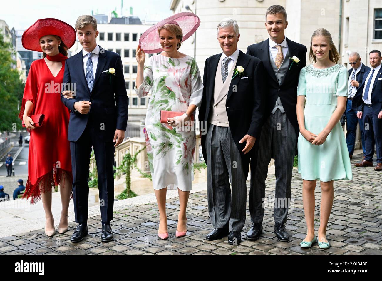 Brussels, Belgium. 10th Sep, 2022. Crown Princess Elisabeth, Prince Emmanuel, Queen Mathilde of Belgium, King Philippe - Filip of Belgium, Prince Gabriel and Princess Eleonore pictured arriving for the wedding ceremony of Princess Maria-Laura of Belgium and William Isvy, at the Saint Michael and Saint Gudula Cathedral (Cathedrale des Saints Michel et Gudule/Sint-Michiels- en Sint-Goedele kathedraal), Saturday 10 September 2022, in Brussels. BELGA PHOTO LAURIE DIEFFEMBACQ Credit: Belga News Agency/Alamy Live News Stock Photo