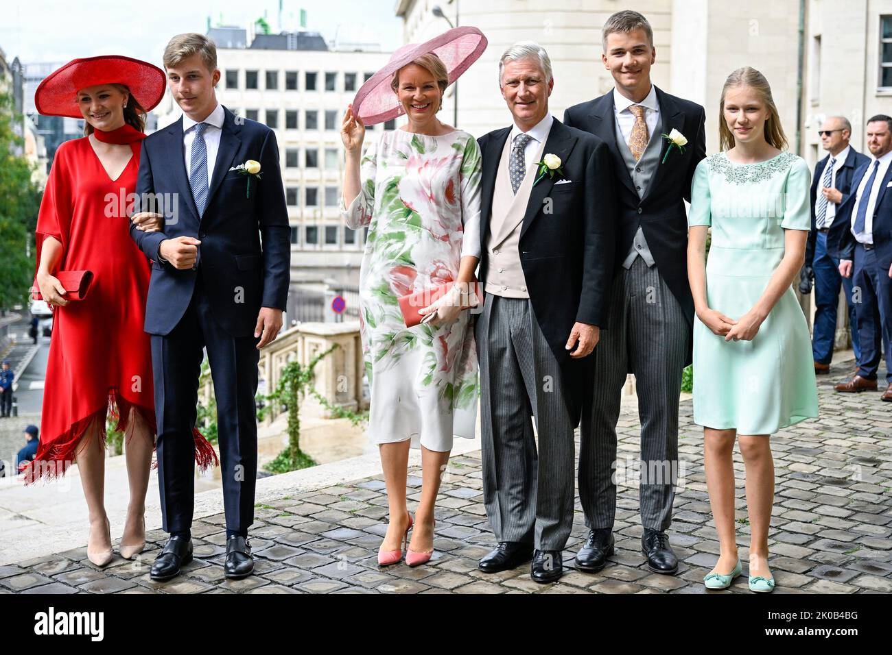 Brussels, Belgium. 10th Sep, 2022. Crown Princess Elisabeth, Prince Emmanuel, Queen Mathilde of Belgium, King Philippe - Filip of Belgium, Prince Gabriel and Princess Eleonore pictured arriving for the wedding ceremony of Princess Maria-Laura of Belgium and William Isvy, at the Saint Michael and Saint Gudula Cathedral (Cathedrale des Saints Michel et Gudule/Sint-Michiels- en Sint-Goedele kathedraal), Saturday 10 September 2022, in Brussels. BELGA PHOTO LAURIE DIEFFEMBACQ Credit: Belga News Agency/Alamy Live News Stock Photo